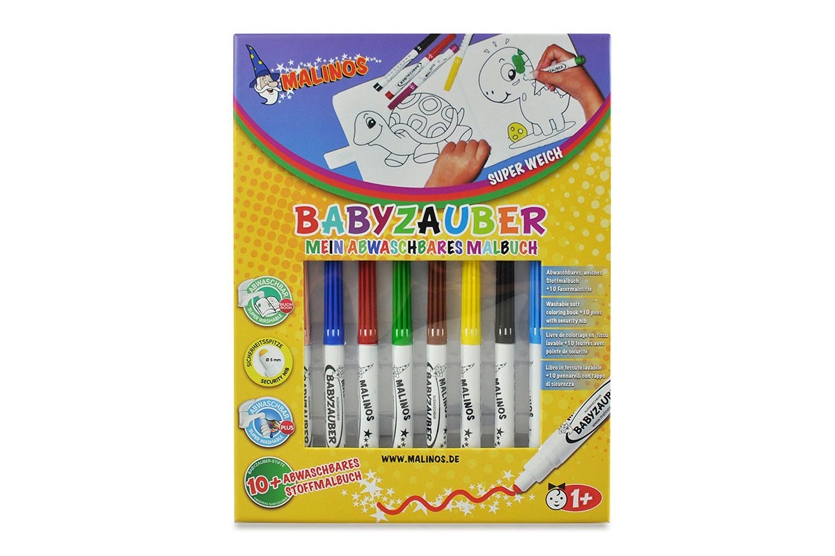 Фломастеры детские смываемые для малышей MALINOS Babyzauber 10 шт + текстильная книжка раскраска многоразовая MA-300015