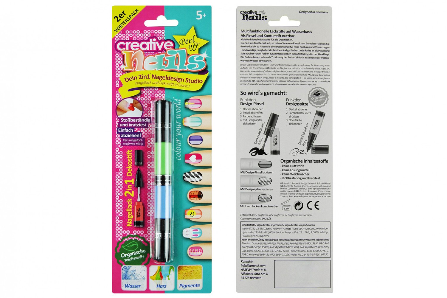 Детский лак-карандаш для ногтей Malinos Creative Nails на водной основе (2 цвета зелёный + голубой) MA-303001