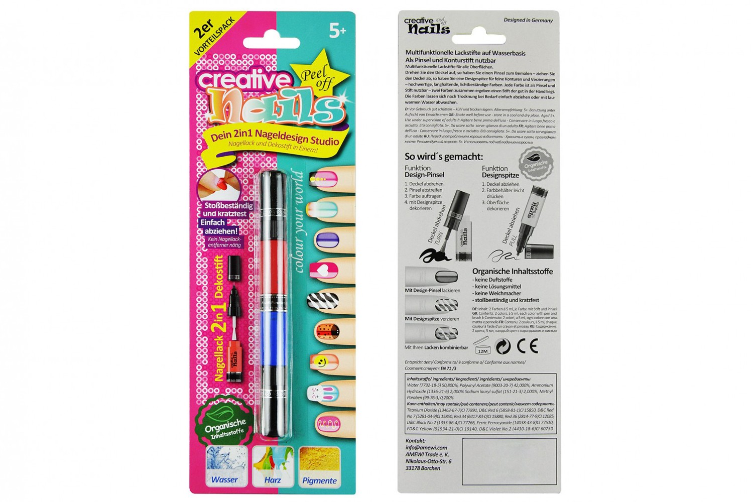 Детский лак-карандаш для ногтей Malinos Creative Nails на водной основе (2 цвета малиновый + синий) MA-303003