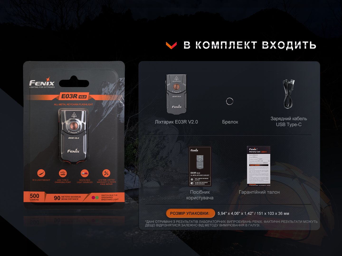 Фонарь наключный Fenix E03R V2.0, серый